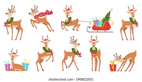 Cartoon Deer. Winter Celebration Fairytale Animals Reindeer Running Christmas Character