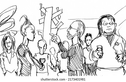 A Cartoon Depicting An Art Opening With Artsy Urban Types.