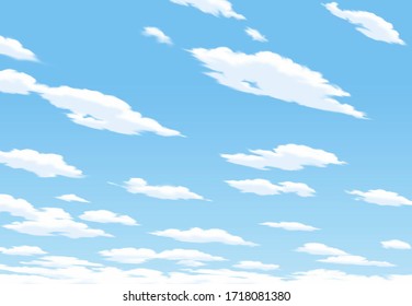 Cartoon Design. Clear Blue Sky With Fluffy Clouds Background.