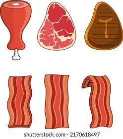 Cartoon Different Meats. Raster Hand Drawn Collection Set Isolated On White Background