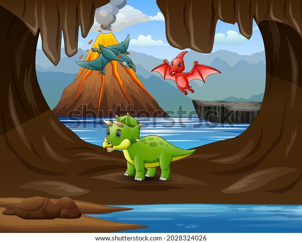 Cartoon dinosaurs in\
the cave\
illustration
