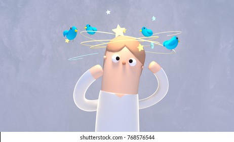 Cartoon dizzy stars and birds flying around the head. 3d rendering picture.