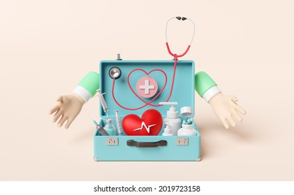 cartoon doctor two hands with first aid kit, stethoscope, syringe, red heart and blood pressure heart rate isolated on pink. health love or world heart day concept, 3d illustration, 3d render