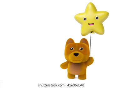 A Cartoon Dog Holding A Balloon Stars,3D Illustration.