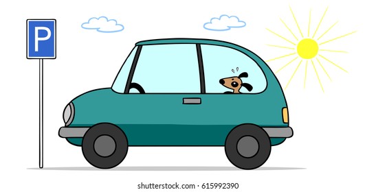 Cartoon Dog Inside Car In The Sun As Heat Stroke Concept