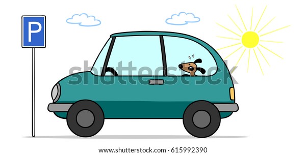 Cartoon\
dog inside car in the sun as heat stroke\
concept