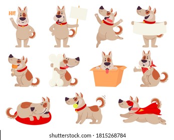 Cartoon Dog Mascot. Cute Dogs In Different Action And Emotion, Happy Smile Friendly Behavior Pet, Character Funny Avatar  Set. Puppy Playing With Ball, Sitting In Box, Sleeping, Eating