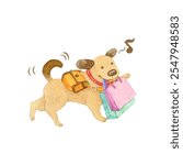 Cartoon dog walking with a paper shopping bags | Watercolor stock illustration