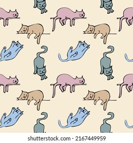 Cartoon Doodle Comic Colorful Seamless Pattern Of Relaxing And Sleep Cats