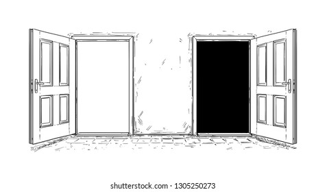 Cartoon Doodle Drawing Of Two Open Wooden Decision Door. Two Choices Or Ways.