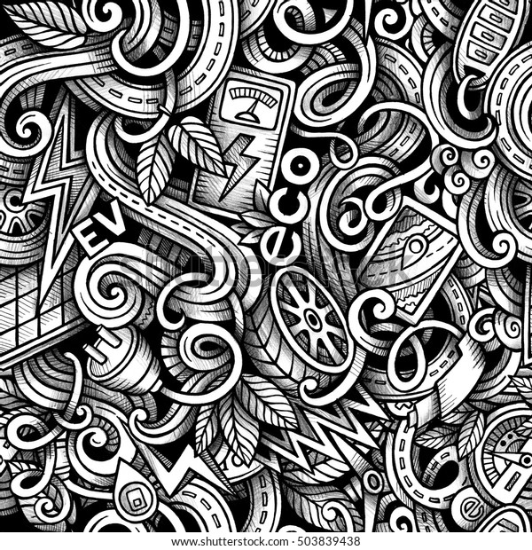Cartoon doodles Electric cars season\
seamless pattern. Graphics detailed, with lots of objects\
background. Endless raster\
illustration
