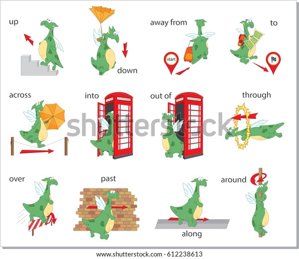 Ilustracion De Stock Sobre Caricatura Preposiciones De Movimiento De Dragones
