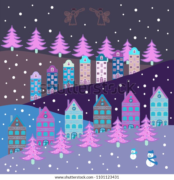 Cartoon drawing of Christmas suburban houses with\
making a snowman. Illustration on violet, pink, neutral, gray and\
blue colors.