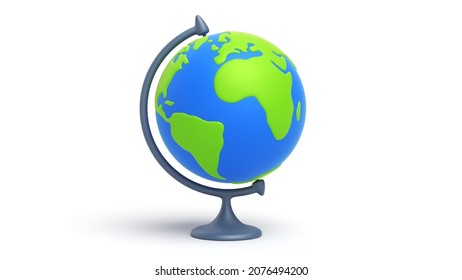 Cartoon Earth globe. Planet Earth model with world map on base isolated on white background. 3d rendering