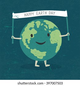 Cartoon Earth Illustration. Planet smile and hold banner with "Happy Earth Day" words. On old paper texture. 