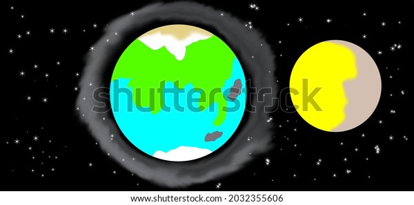 Cartoon earth with\
moon on black\
background.