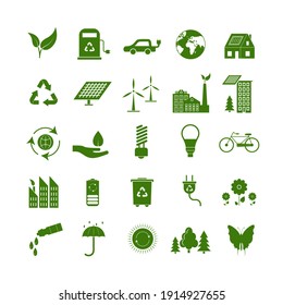 Cartoon Ecology Signs Green Icons Set Ecological Power Concept Flat Design Style. Illustration Of Eco Symbol Icon