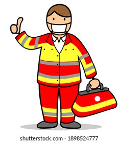 Cartoon Emergency Doctor Or Paramedic In Uniform And With Face Mask Showing Thumbs Up