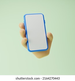 Cartoon Emoji Hand Holding Smartphone With Blank Screen Isolated Over Green Background. 3d Rendering.