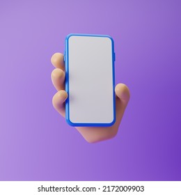 Cartoon Emoji Hand Holding Smartphone With Blank Screen Isolated Over Purple Background. 3d Rendering.