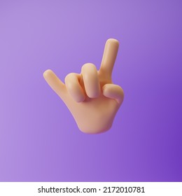 Cartoon Emoji Hand Showing Horns Or Rock Gesture Isolated Over Purple Background. 3d Rendering.