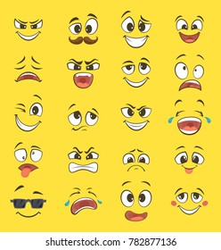 Cartoon Emotions With Funny Faces With Big Eyes And Laughter. Emoticons On Yellow Background. Smile Funny Face Emotion Illustration