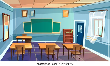  Cartoon Empty Elementary High School, College, University Classroom Background. Illustration Room Interior Indoor Objects - Open Window Desk Table Chalkboard Chair. Learning, Education Backdrop