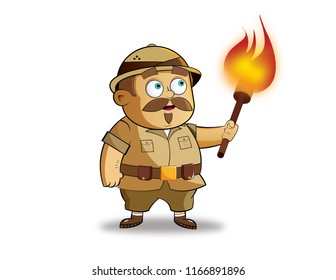 A Cartoon Explorer With A Mustache In Safari Hat Holding A Torch On A White Background.