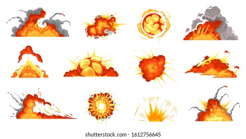 Cartoon explosions. Exploding bomb, fire cloud and explosion burst. Mobile game damage sign, comic bomb explode blast or dynamite storyboard. Isolated  illustration icons set