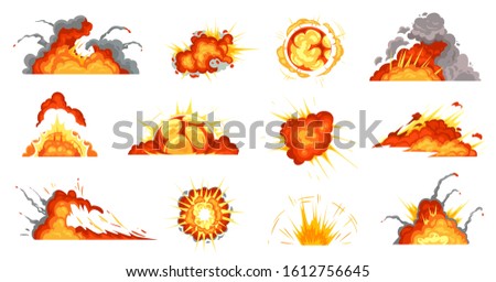 Cartoon explosions. Exploding bomb, fire cloud and explosion burst. Mobile game damage sign, comic bomb explode blast or dynamite storyboard. Isolated  illustration icons set