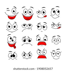 Cartoon expressions. Cute face elements eyes and mouths with happy, sad and angry, disbelief emotions. Caricature characters