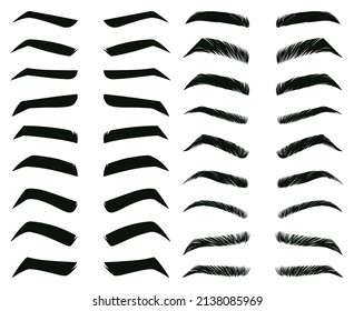 Cartoon eyebrows shapes, thin, thick and curved eyebrows. Classic eyebrows, brow makeup shaping  illustration set. Various eyebrows types. Male and female different forms isolated on white