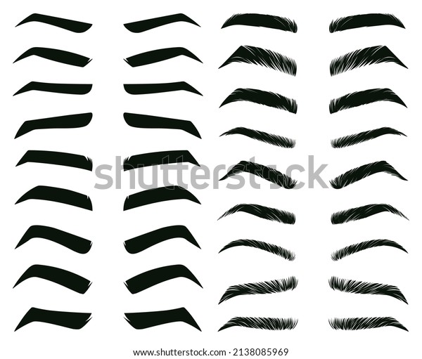 Cartoon\
eyebrows shapes, thin, thick and curved eyebrows. Classic eyebrows,\
brow makeup shaping  illustration set. Various eyebrows types. Male\
and female different forms isolated on\
white
