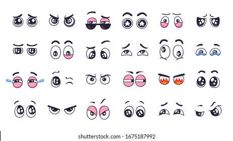 Cartoon Eyes. Comic Funny Expression Eyes With Various Emotions, Crying Eyes, Laughing, Angry And Cute Winking Eyes Isolated  Illustration Set. Expressive Vision. Staring, Looking