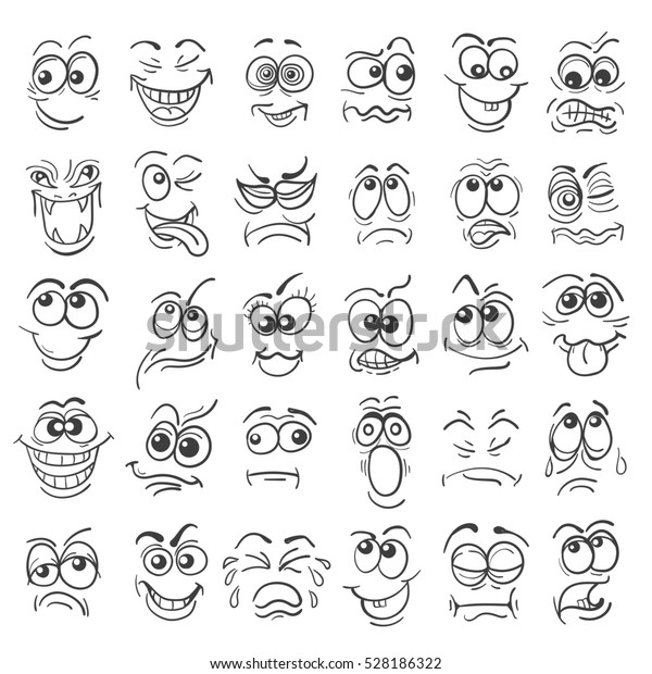 カートーンの顔の感情セット 白い背景に落書き風のさまざまな表情 のイラスト素材