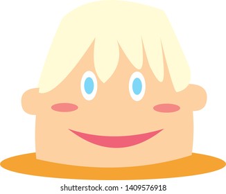 Cartoon Face Head Oval Kid Kid Girl Boy With Blonde Hair And White Brown Skin, Red Pink Cheek And Eye Blue, Wide Smile,ear,bangs. Basic Shape Pudding On Plate. Flat Design Cute Illustration Animated