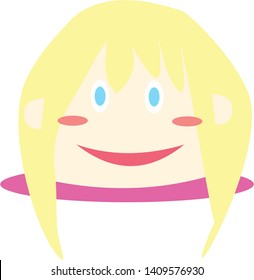 Cartoon Face Head Oval Kid Kid Girl Boy With Blonde Hair And White Brown Skin, Red Pink Cheek And Eye Blue, Wide Smile,ear,bangs. Basic Shape Pudding On Plate. Flat Design Cute Illustration Animated