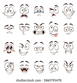 Cartoon faces. Caricature comic emotions with different expressions. Expressive eyes and mouth, funny flat characters angry and confused emoticons set
