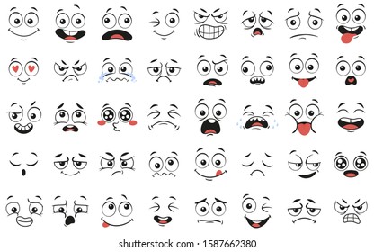 Cartoon faces. Expressive eyes and mouth, smiling, crying and surprised character face expressions. Caricature comic emotions or emoticon doodle. Isolated  illustration icons set