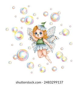 Cartoon fairy flower and soap bubbles watercolor illustration. Fairytale world, summer games, carnival, bubble party. For art projects, children's books, greeting cards - Powered by Shutterstock