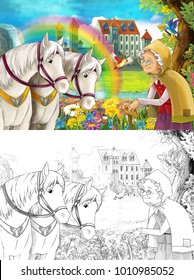 Cartoon Fairy Tale Scene With Older Woman In The Field Full Of Flowers Near Small Waterfall Colorful Rainbow And Big Castle - Scene With Colorign Page -  Illustration For Children