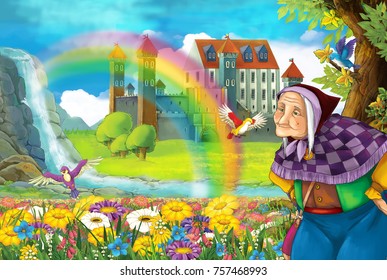 Cartoon Fairy Tale Scene With Older Woman In The Field Full Of Flowers Near Small Waterfall Colorful Rainbow And Big Castle Illustration For Children