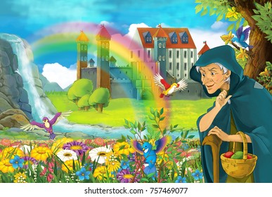 Cartoon Fairy Tale Scene With Older Woman In The Field Full Of Flowers Near Small Waterfall Colorful Rainbow And Big Castle Illustration For Children