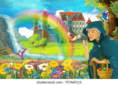 Cartoon Fairy Tale Scene With Older Woman In The Field Full Of Flowers Near Small Waterfall Colorful Rainbow And Big Castle Illustration For Children