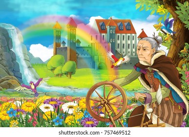 Cartoon Fairy Tale Scene With Older Woman In The Field Full Of Flowers Near Small Waterfall Colorful Rainbow And Big Castle Illustration For Children