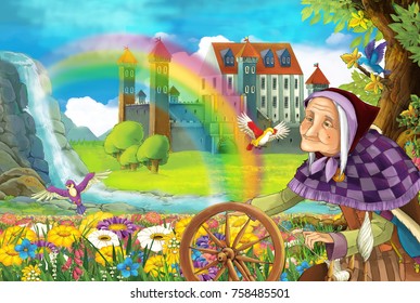 Cartoon Fairy Tale Scene With Older Woman In The Field Full Of Flowers Near Small Waterfall Colorful Rainbow And Big Castle Illustration For Children