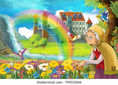 Cartoon Fairy Tale Scene With Older Woman In The Field Full Of Flowers Near Small Waterfall Colorful Rainbow And Big Castle Illustration For Children