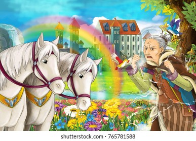 Cartoon Fairy Tale Scene With Older Woman In The Field Full Of Flowers Near Small Waterfall Colorful Rainbow And Big Castle Illustration For Children