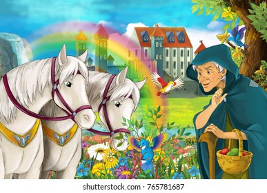 Cartoon Fairy Tale Scene With Older Woman In The Field Full Of Flowers Near Small Waterfall Colorful Rainbow And Big Castle Illustration For Children