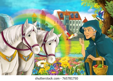 Cartoon Fairy Tale Scene With Older Woman In The Field Full Of Flowers Near Small Waterfall Colorful Rainbow And Big Castle Illustration For Children